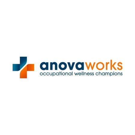 Logo for anovaWorks, featuring a blue and orange cross, with text 