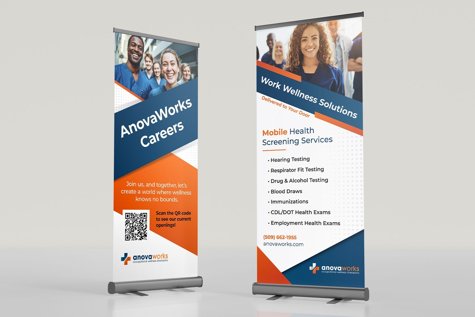 Two roll-up banners: AnovaWorks blue, orange, and white design.