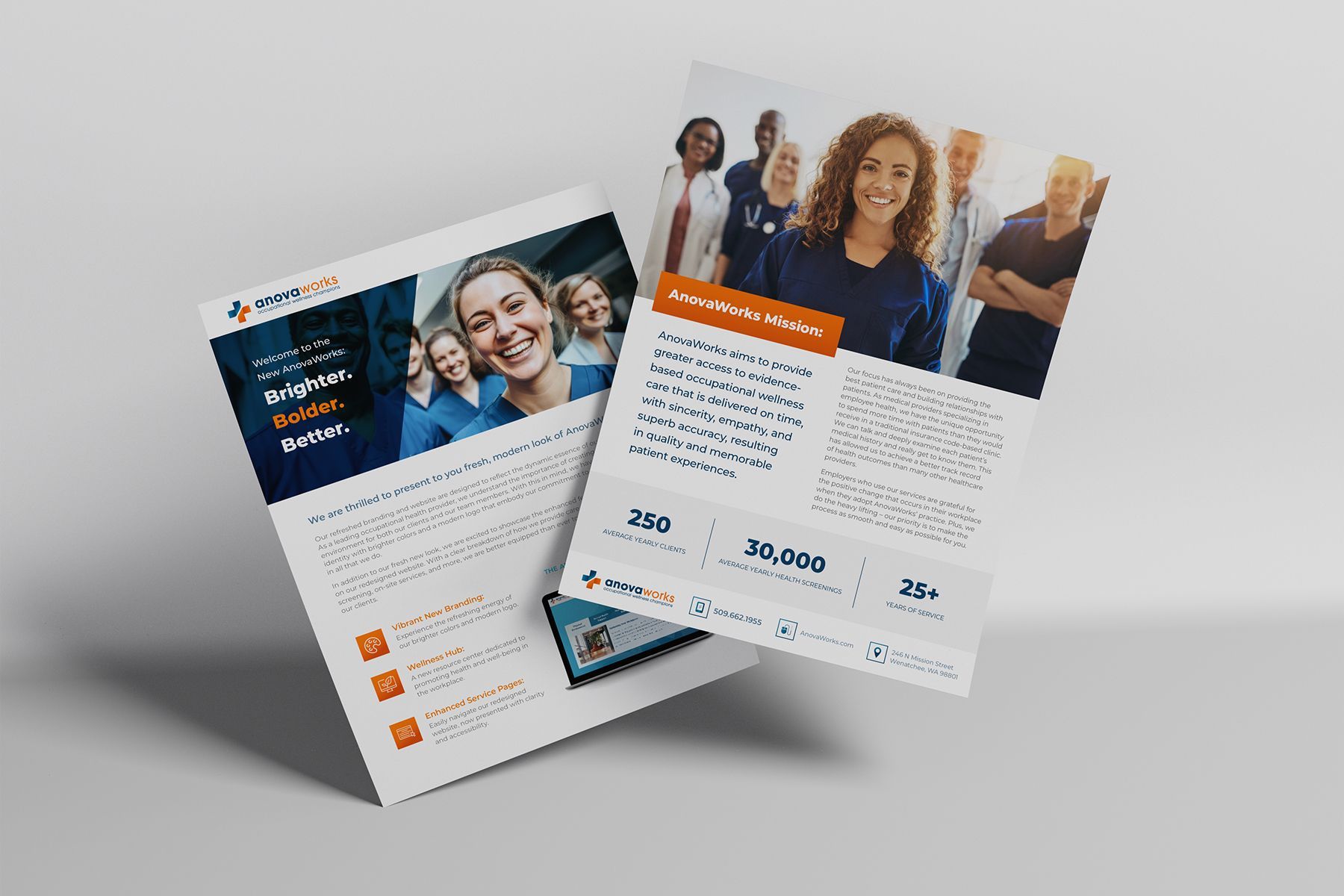 Two healthcare flyers with staff photos, text, orange accents, and logo.