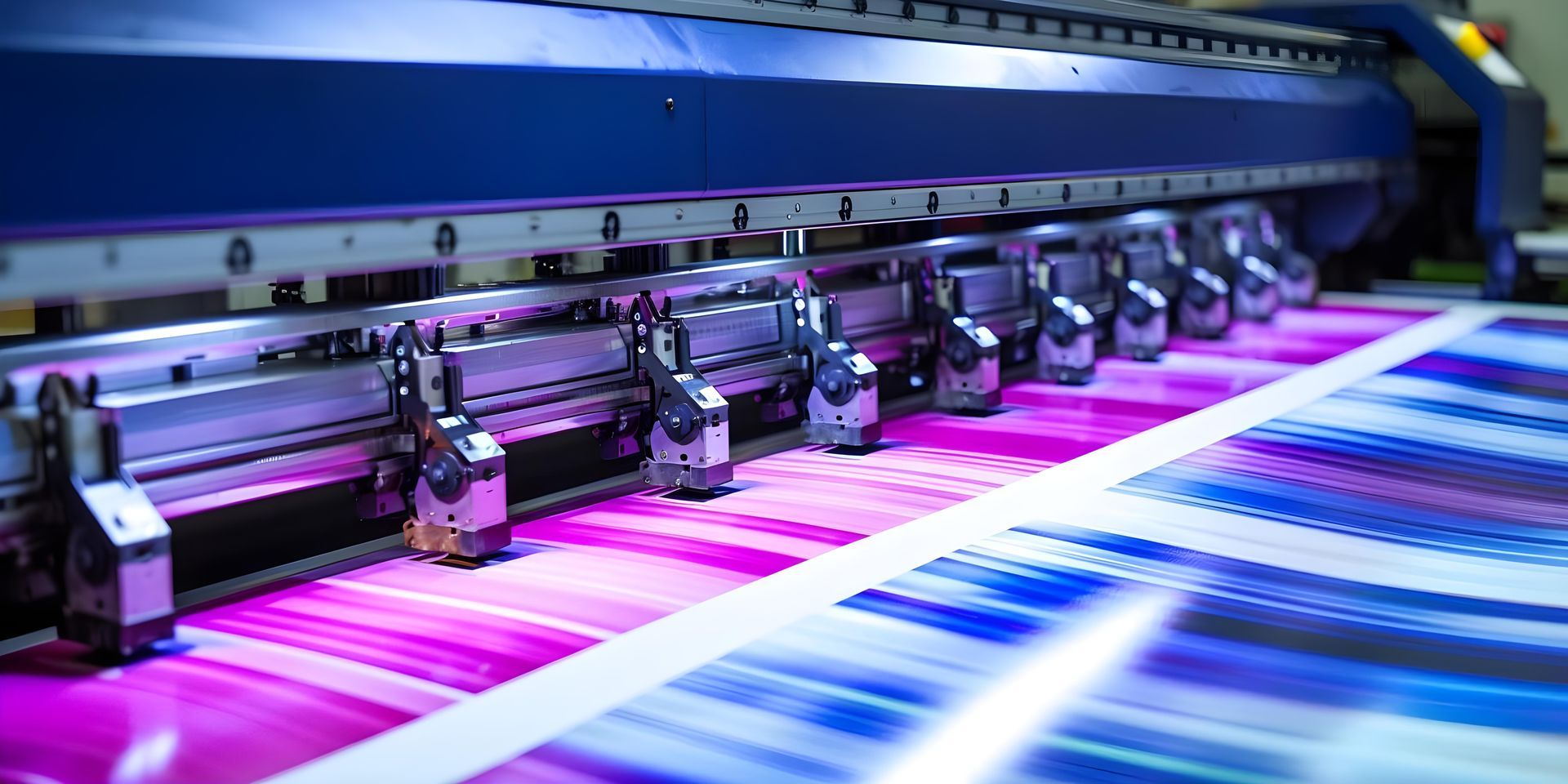 Large-format printer in operation, applying vibrant magenta and cyan ink to a sheet.