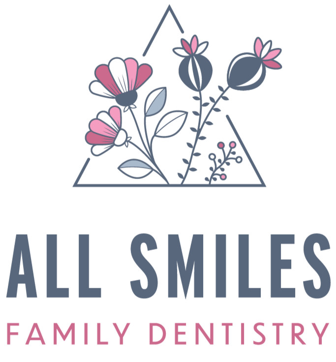 Logo for All Smiles Family Dentistry with floral illustration inside a triangle. 