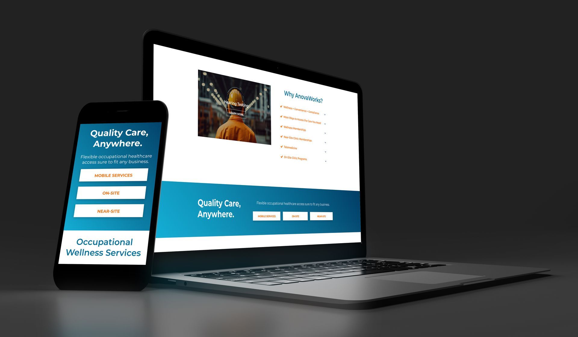 Smartphone and laptop display the same website promoting Quality Care services.