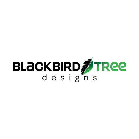 Blackbird Tree Designs logo with text and leaf illustration.