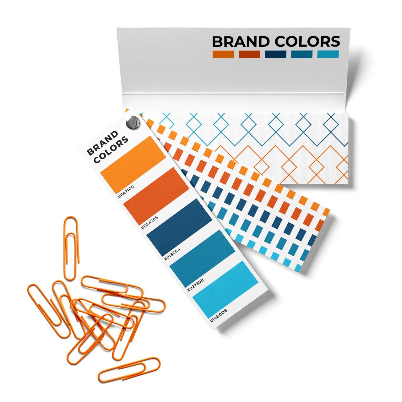 Brand color palette showing orange, dark orange, navy, teal, and light blue. Includes orange paperclips.