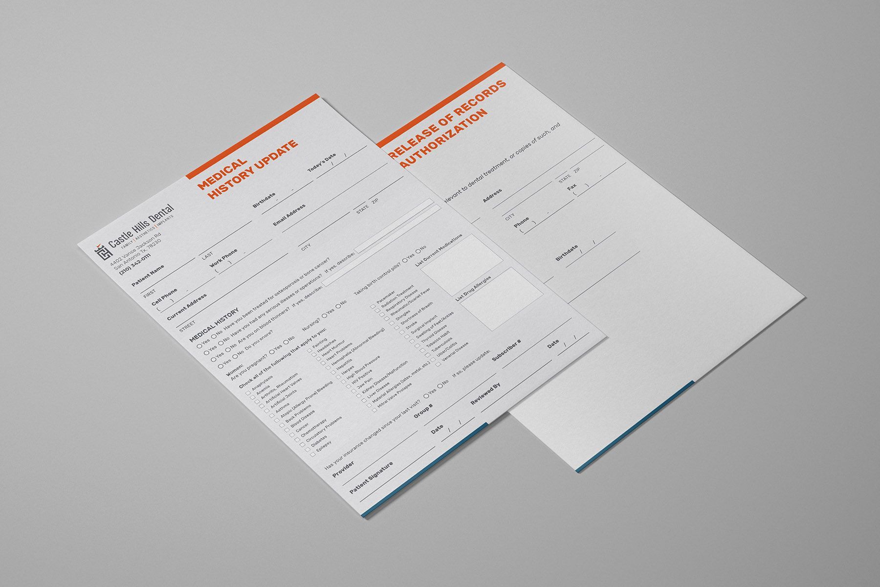 Two white forms with orange headers and black text on a gray background.