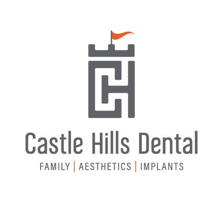 Castle Hills Dental logo: gray castle icon with orange flag, text 