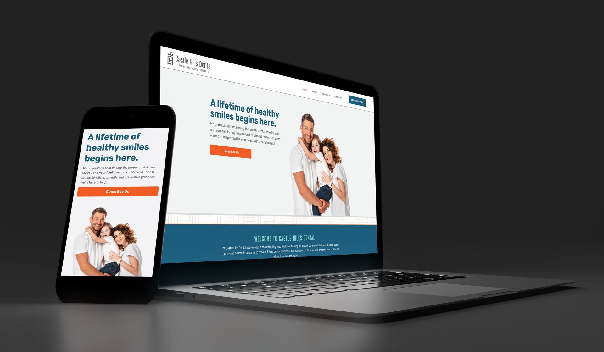 Laptop and phone displaying a website with family imagery; teal and orange accents.