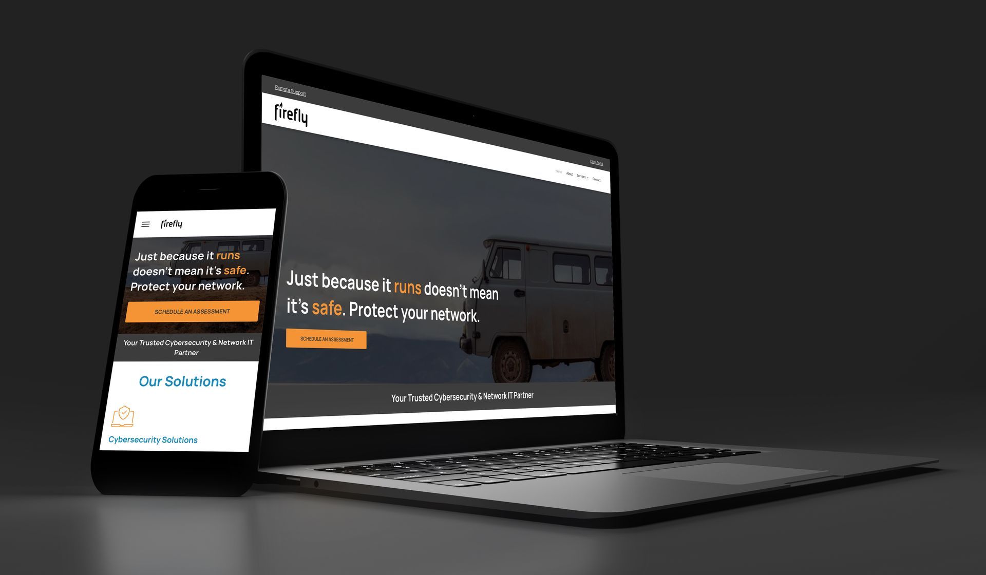 Laptop and phone showing a website with a vehicle. Orange and white accents with a dark background.