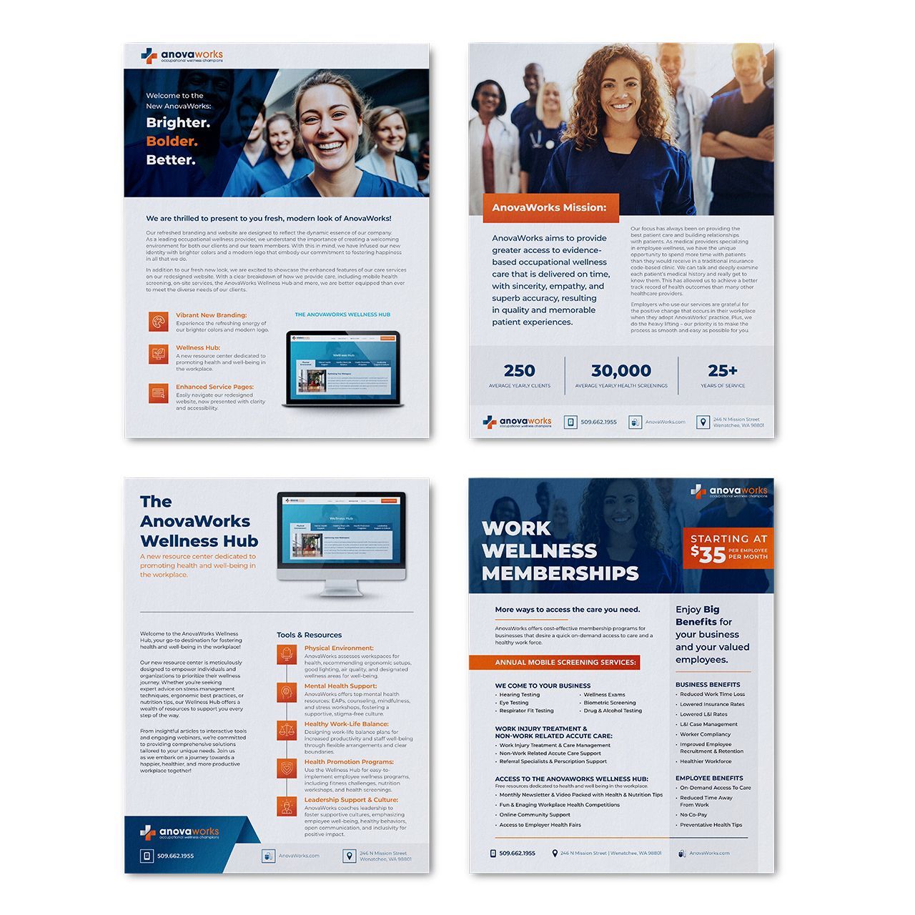 Four-page flyer promoting healthcare wellness programs. Includes images of medical professionals and a computer screen.