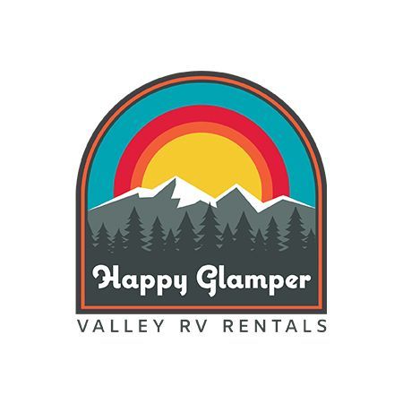 Logo for Happy Glamper Valley RV Rentals: mountains, trees, sun, arched design. 