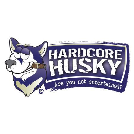 Hardcore Husky logo: cartoon husky with smug expression, text 