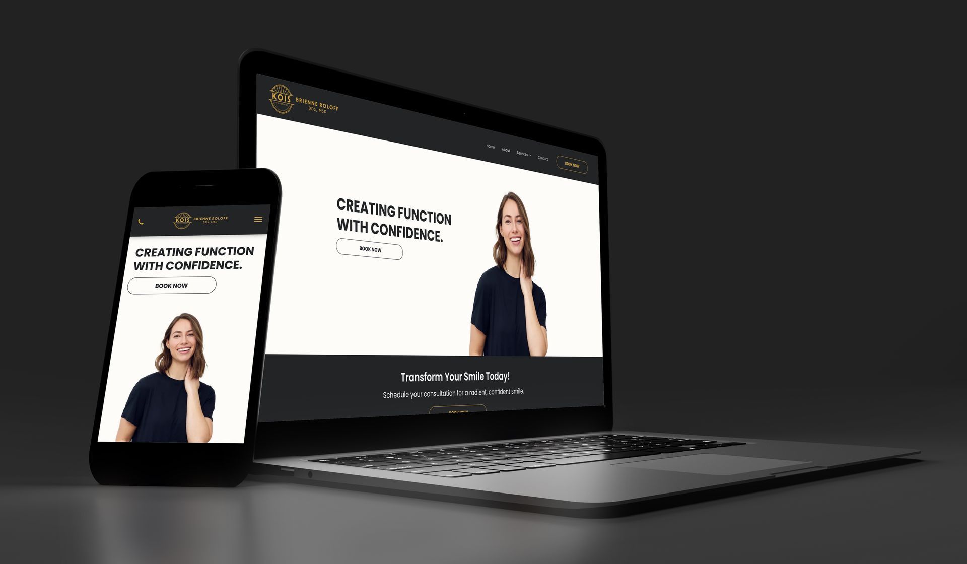 Laptop and phone displaying a website with a woman and text: 