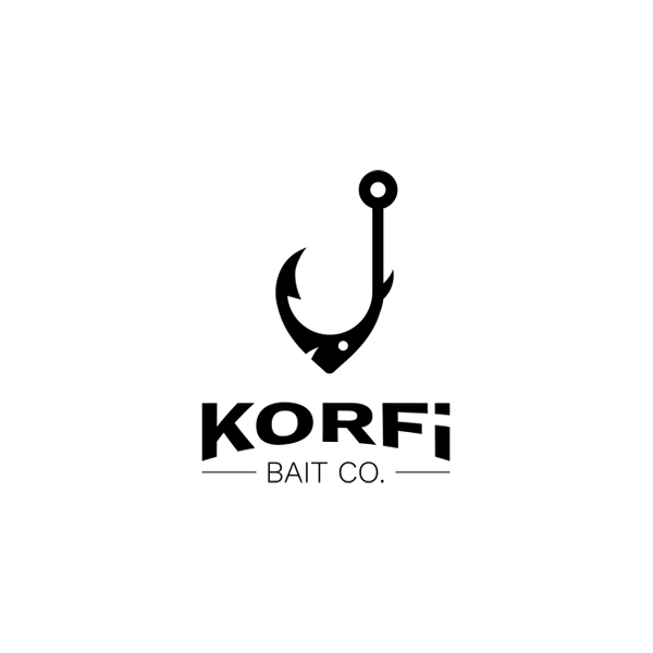 Black and white logo of a fishing hook with a fish shape integrated, the brand name 