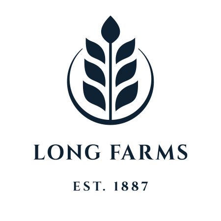 Long Farms logo: dark blue wheat stalk inside a circle, text 