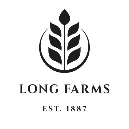Logo for Long Farms. Black wheat stalk inside a circle, with text 