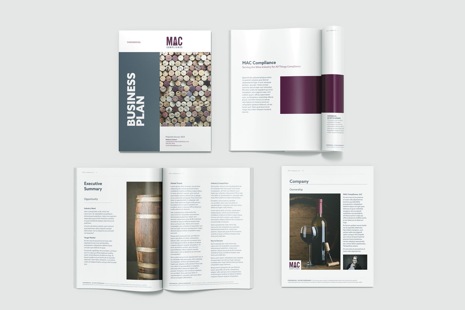 Business plan booklet design with wine theme. Gray and white colors. Photos of a wine barrel and wine bottle.