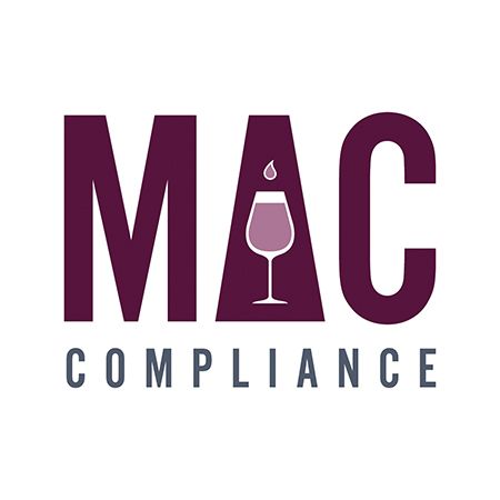 MAC Compliance logo. Dark purple letters and a stylized wine glass with a drop on top. 