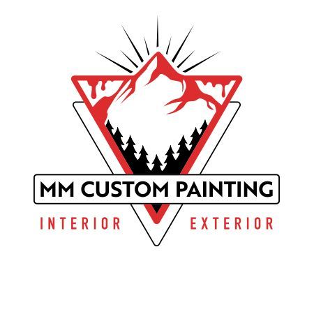 Logo for MM Custom Painting: Red mountain within a triangle, trees, text 