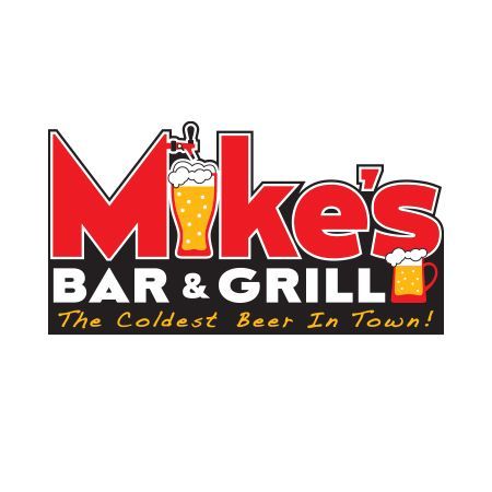 Mike's Bar & Grill logo with red, black, and gold colors. Includes beer tap, glass, and tagline 