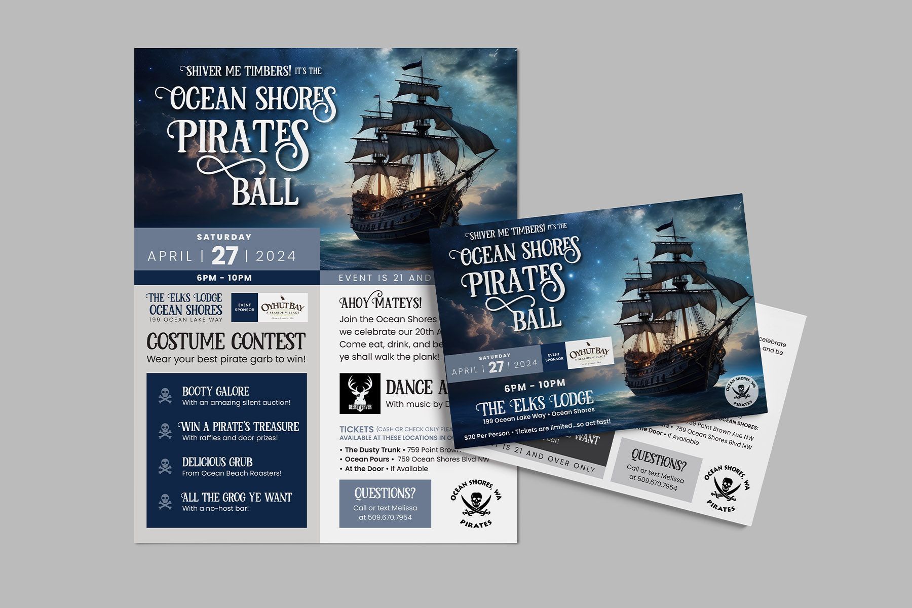Flyer for Ocean Shores Pirates Ball with a ship graphic and event details.