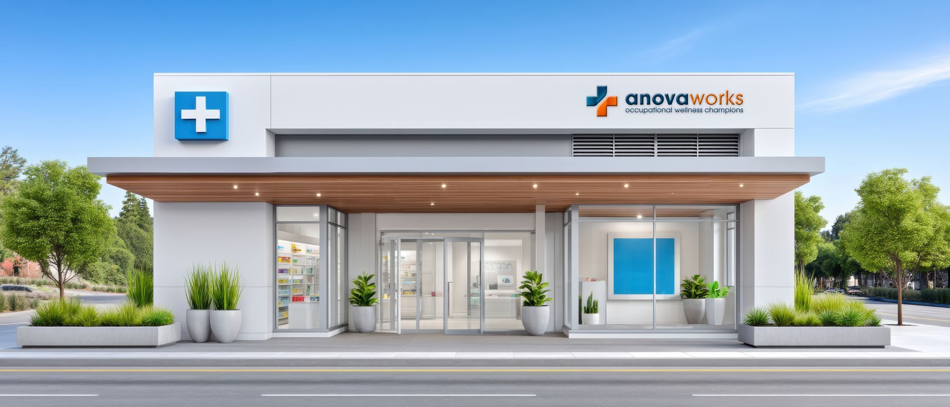 Exterior of a modern pharmacy with a white exterior, glass doors, and a blue cross symbol.