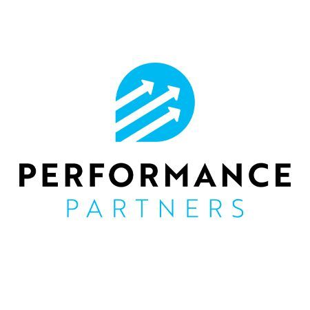Logo of Performance Partners: A blue circle with three upward-pointing white arrows above text. 