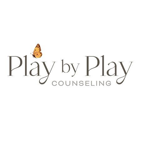 Logo for Play by Play Counseling featuring a butterfly and text on a white background.
