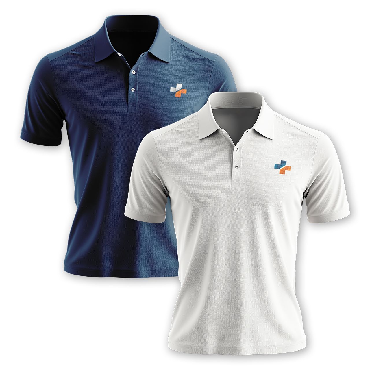 Two polo shirts, one navy blue, one white, each with a small logo on the chest.