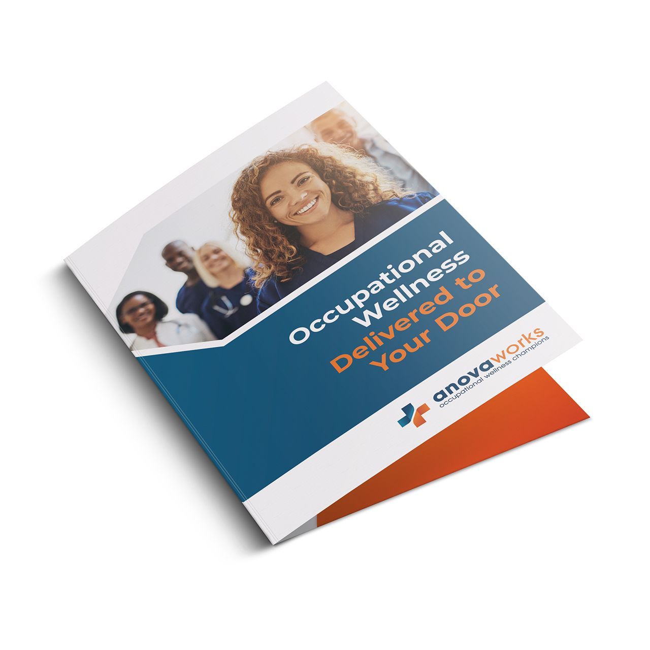 Brochure with diverse people, blue/orange background, 