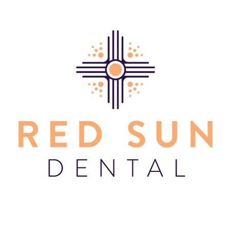 Logo for Red Sun Dental, featuring a sun symbol above text in orange and purple.