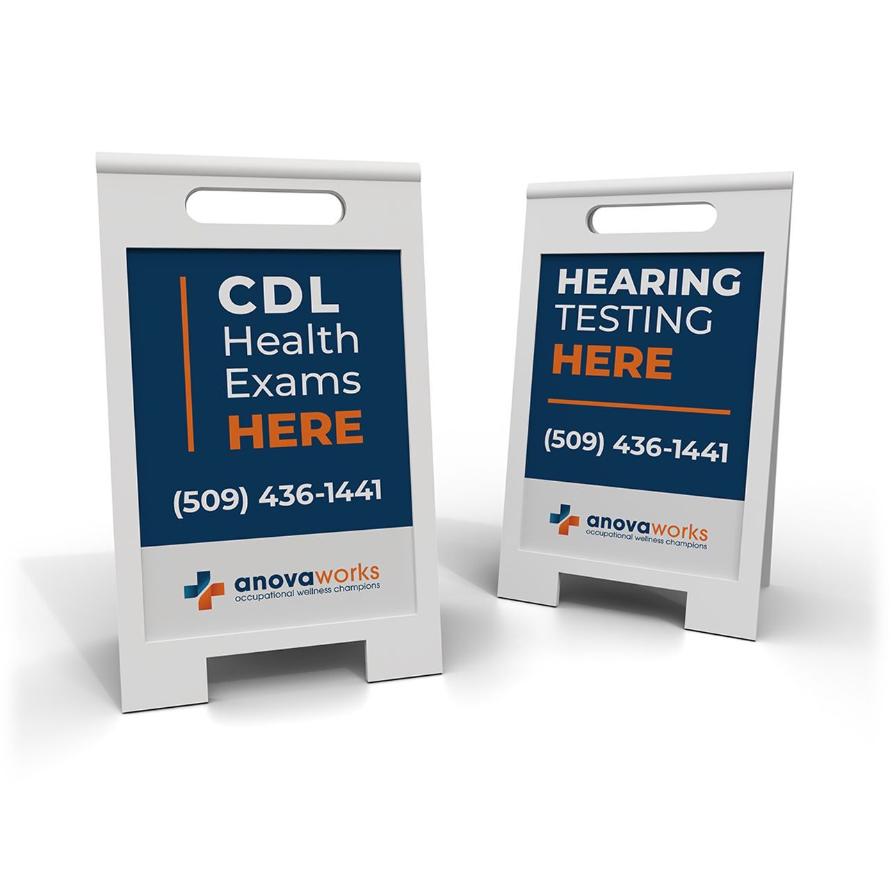 Two white sandwich board signs. One says 