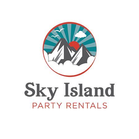 Sky Island Party Rentals logo: mountains, sun, birds within a circle; text below.