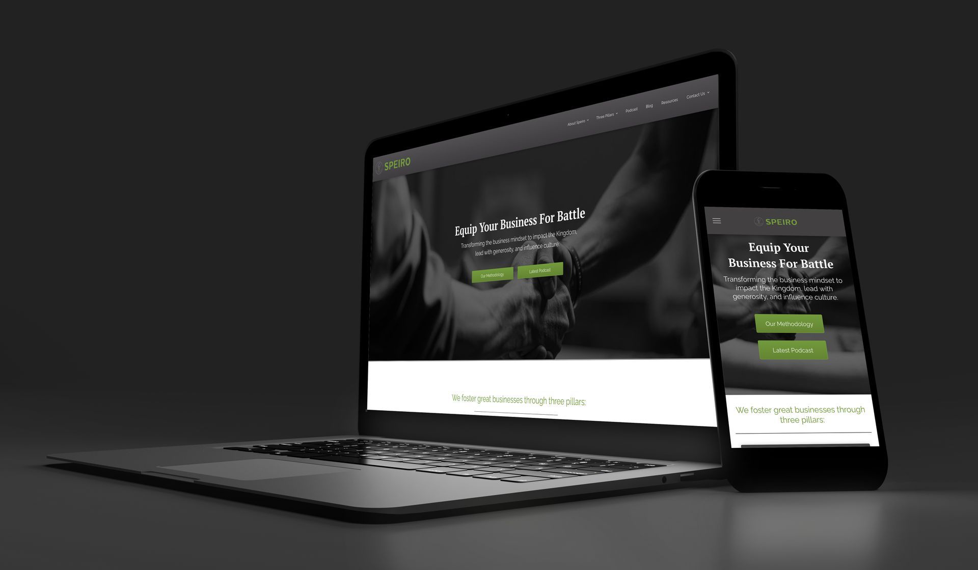 Laptop and smartphone displaying a website with a green and white theme, on a dark gray background.