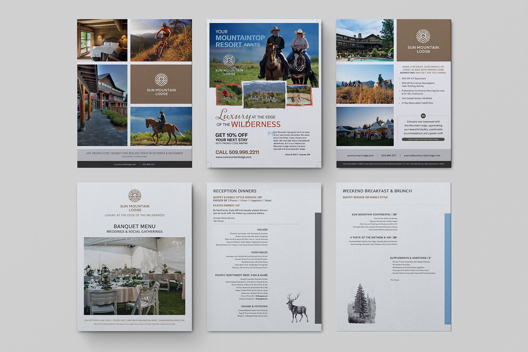 Six-piece branding suite: Brochures, flyers, and menu with a nature theme. Includes photos, logo, and text.