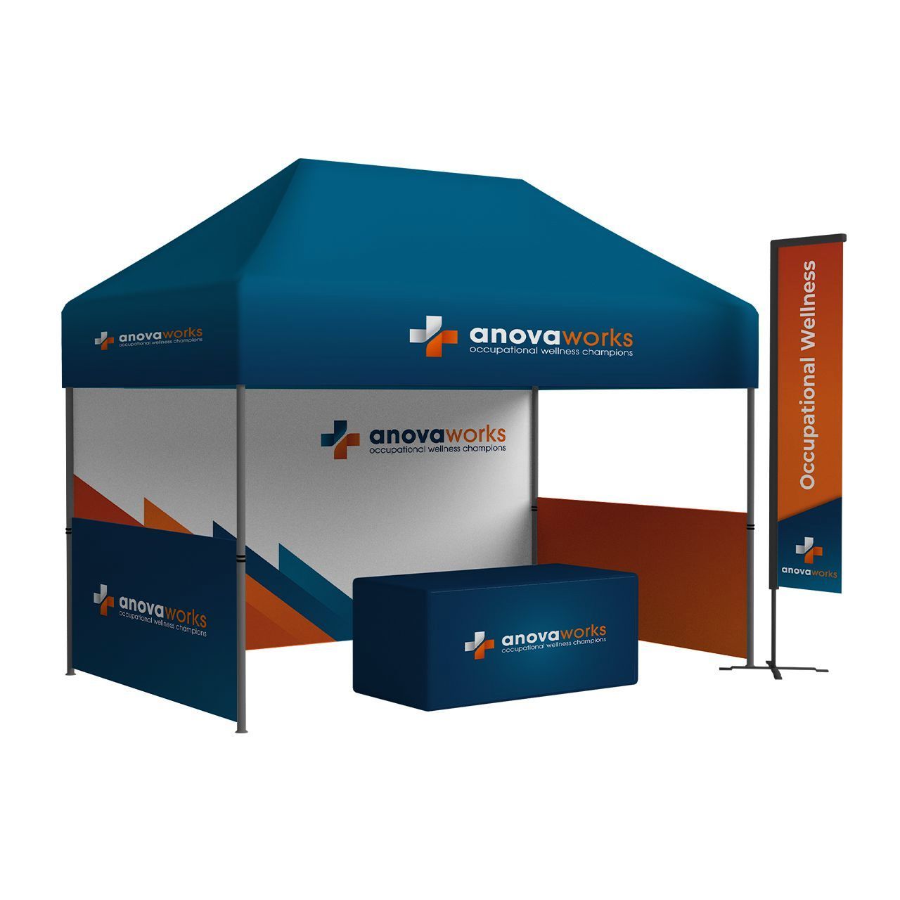 AnovaWorks branded event booth with a tent, table, and flag; blue, orange, and white.