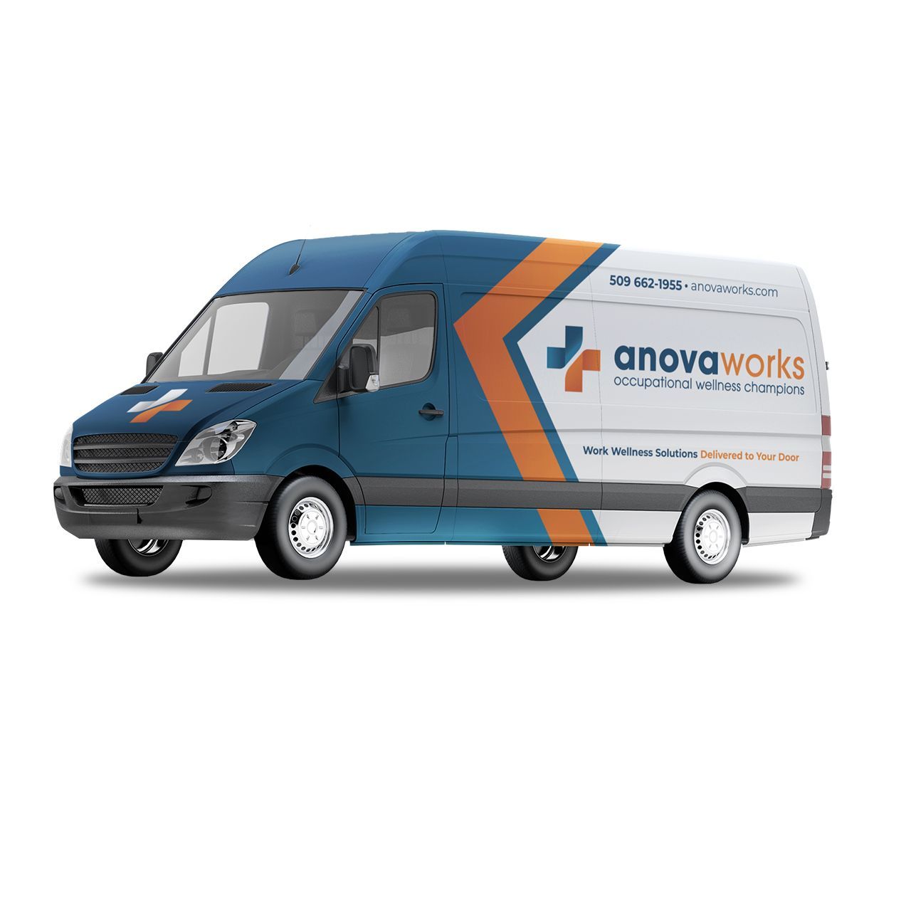 Blue and white AnovaWorks van with orange accent.