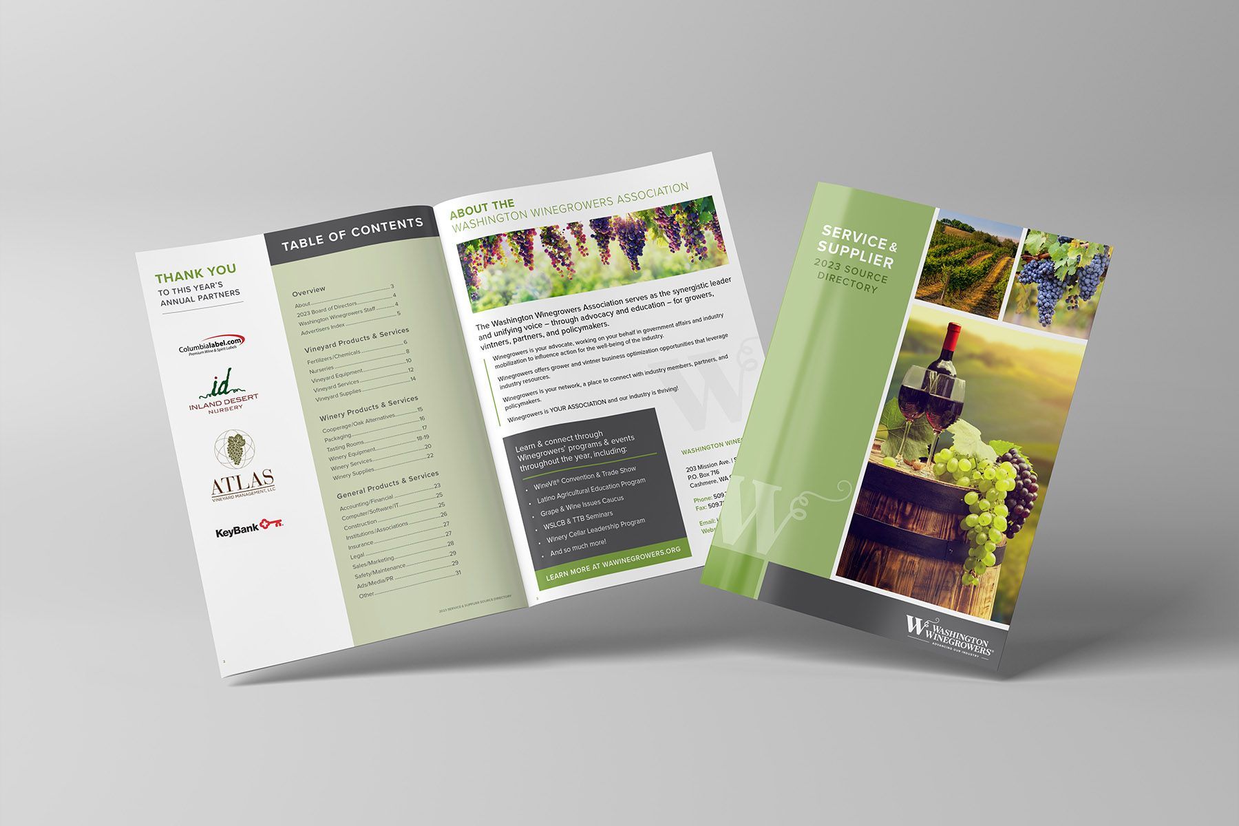 Brochure mockup featuring wine-related images and text, with a green and white color scheme.
