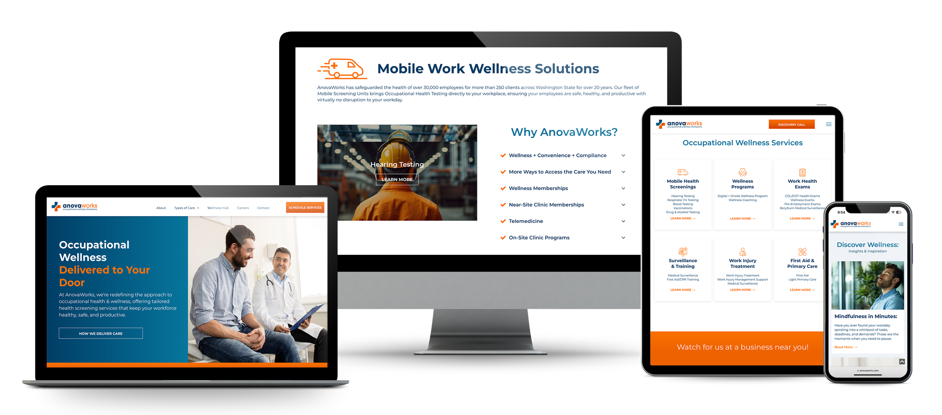 Screens of various devices displaying a website about mobile work wellness solutions.