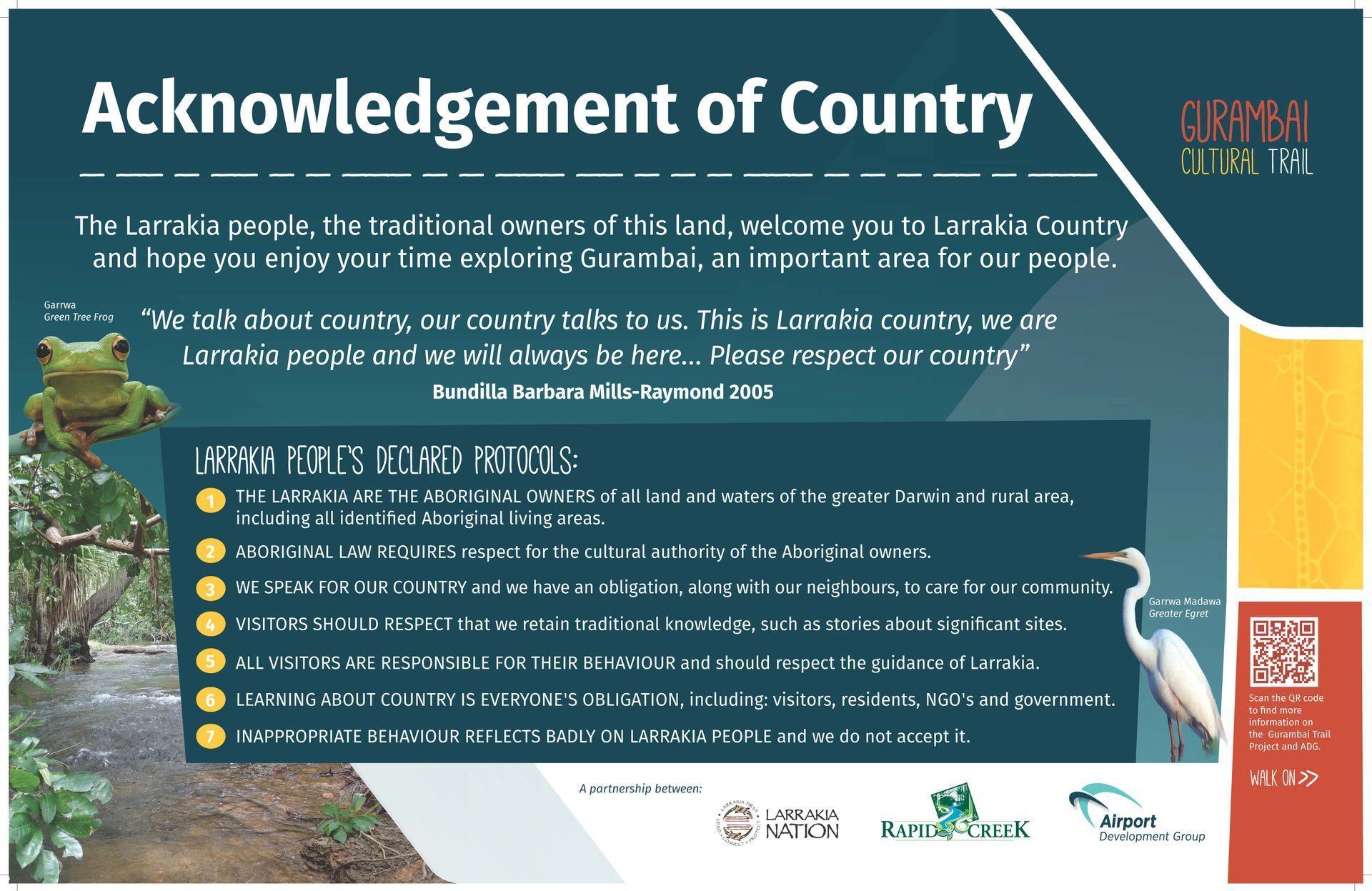 Acknowledgement of Country sign with text welcoming to Lamble Country and listing facts about the area.
