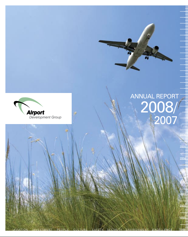 An annual report for 2008 and 2007 shows an airplane flying over tall grass