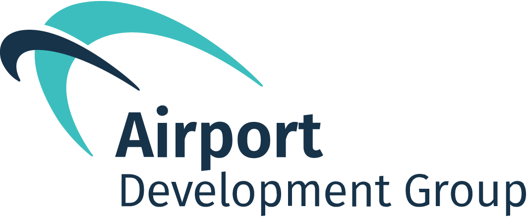 Logo of Airport Development Group with teal and dark blue swooshes above the text.