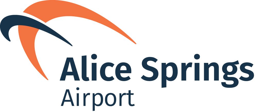 Alice Springs Airport logo with orange and dark blue swooshes and text