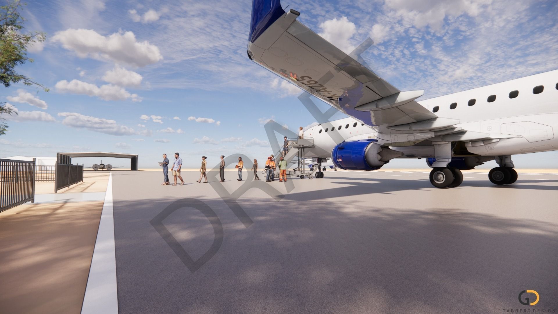 Airplane on tarmac; passengers and crew prepare for boarding in sunny setting.