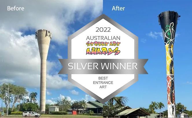 Before and after photos of a water tower. The