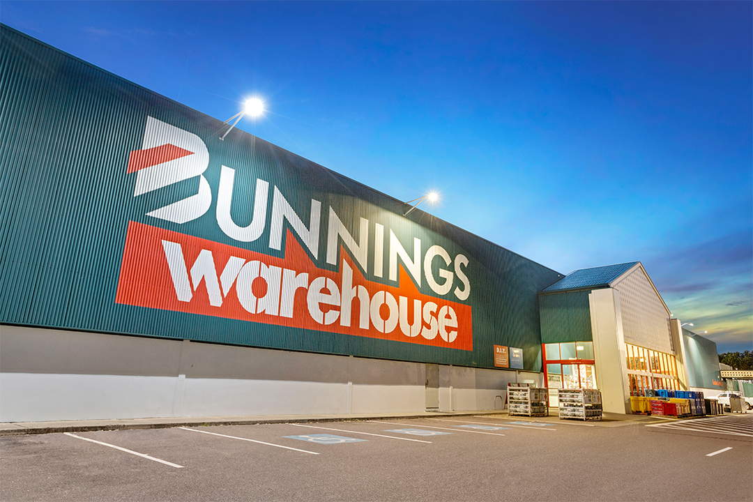 A big Bunnings logo outside a Bunnings Warehouse.