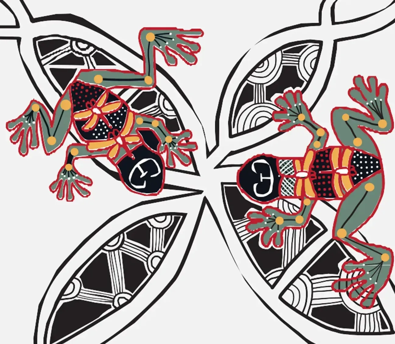 Two stylized frogs on a patterned background, with black, white, orange, and green coloring.