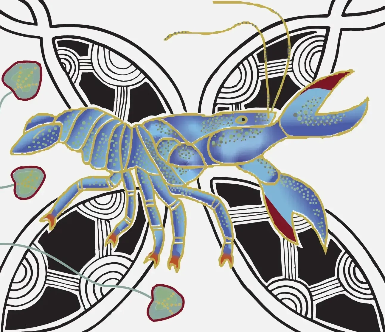 Blue lobster illustration with gold trim on a patterned black and white background.