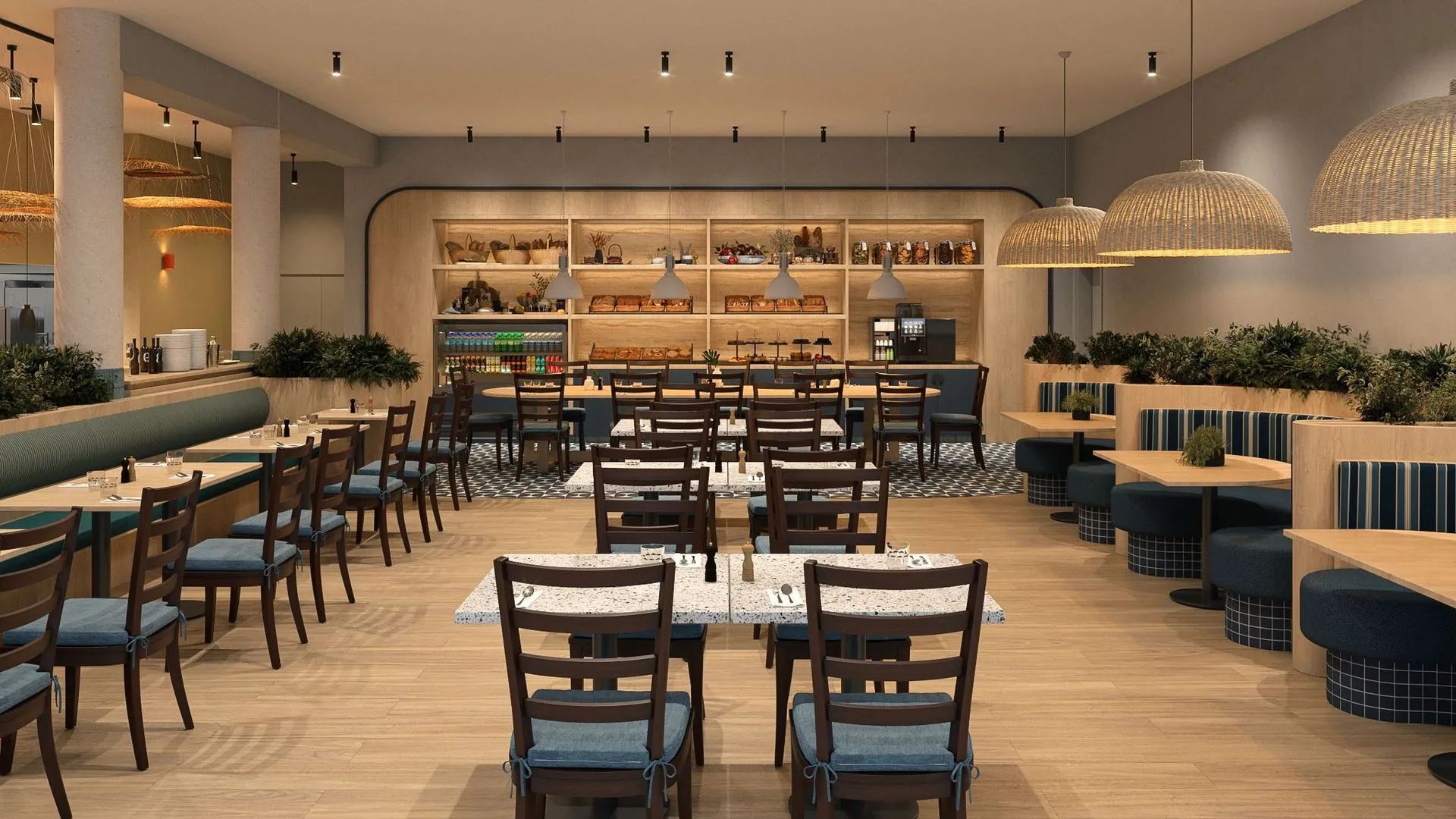 Restaurant interior with tables, chairs, and a bar area. Soft lighting, neutral tones, and plants add to the aesthetic.