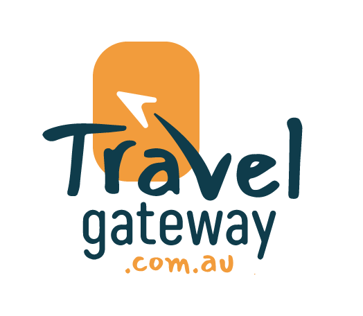 A logo for travel gateway.com.au with an arrow