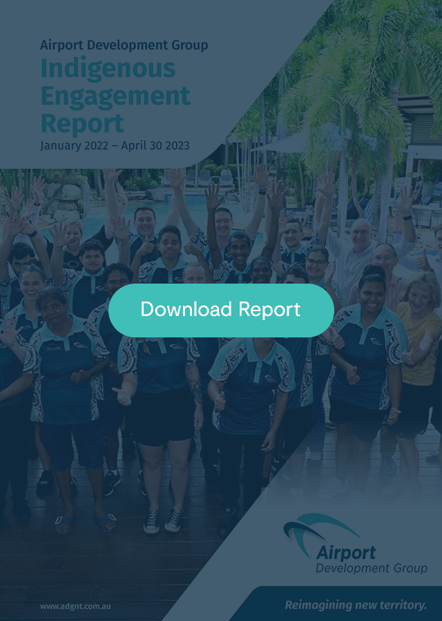 Airport Development Group Indigenous Engagement Report cover. Group of people, teal button, and logo.